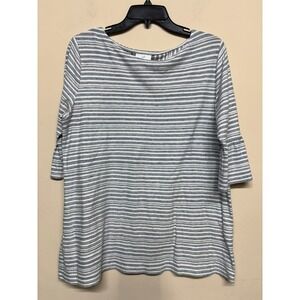 J. Jill Blue White Stripe Knit Top Size M Cotton 3/4 Sleeve Casual Shirt Ruffled